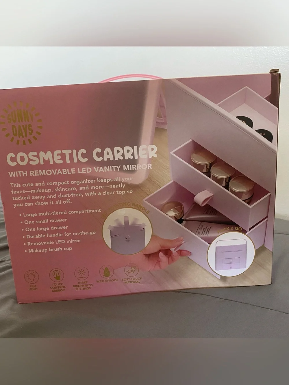 Pink Sunny Days Cosmetic Carrier with Removable LED Vanity Mirror